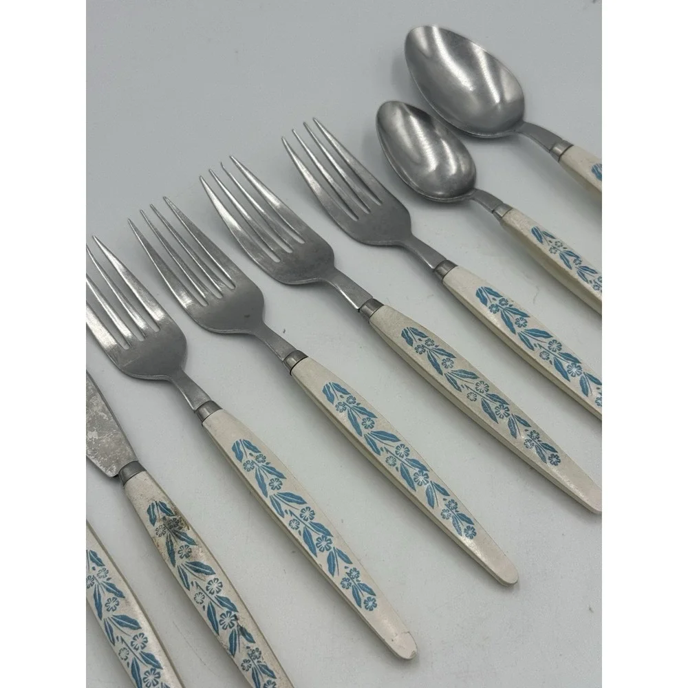 Vtg Lot Of 8 Robinson Stainless USA Plastic Handle‎ Blue Floral Flatware Lot